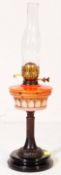 A 19TH CENTURY VICTORIAN GLASS AND BRASS OIL LAMP