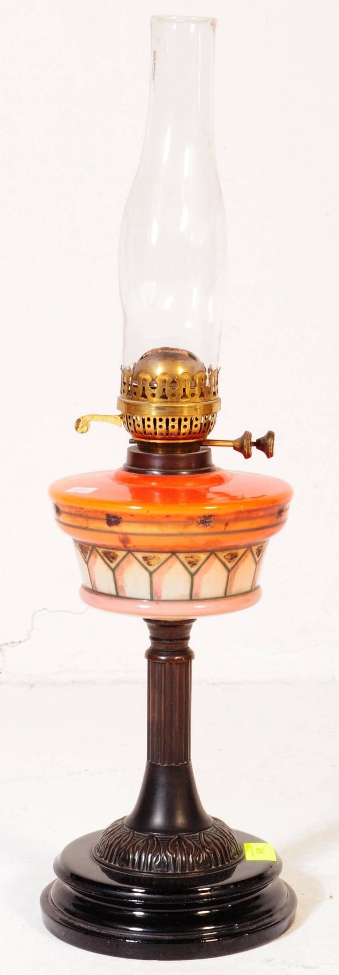 A 19TH CENTURY VICTORIAN GLASS AND BRASS OIL LAMP