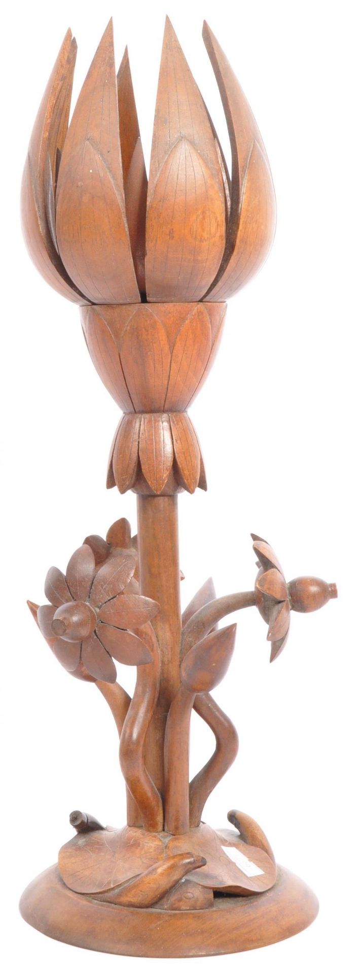 RETRO MID 20TH CENTURY FLOWERING LOTUS CARVED WOOD LAMP - Image 2 of 5