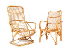 TWO VINTAGE FRANCO ALBINI STYLE WICKER BAMBOO ARMCHAIRS