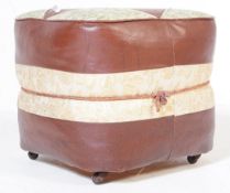 A RETRO VINTAGE BROWN LEATHERETTE PADDED POUF FOOT STOOL