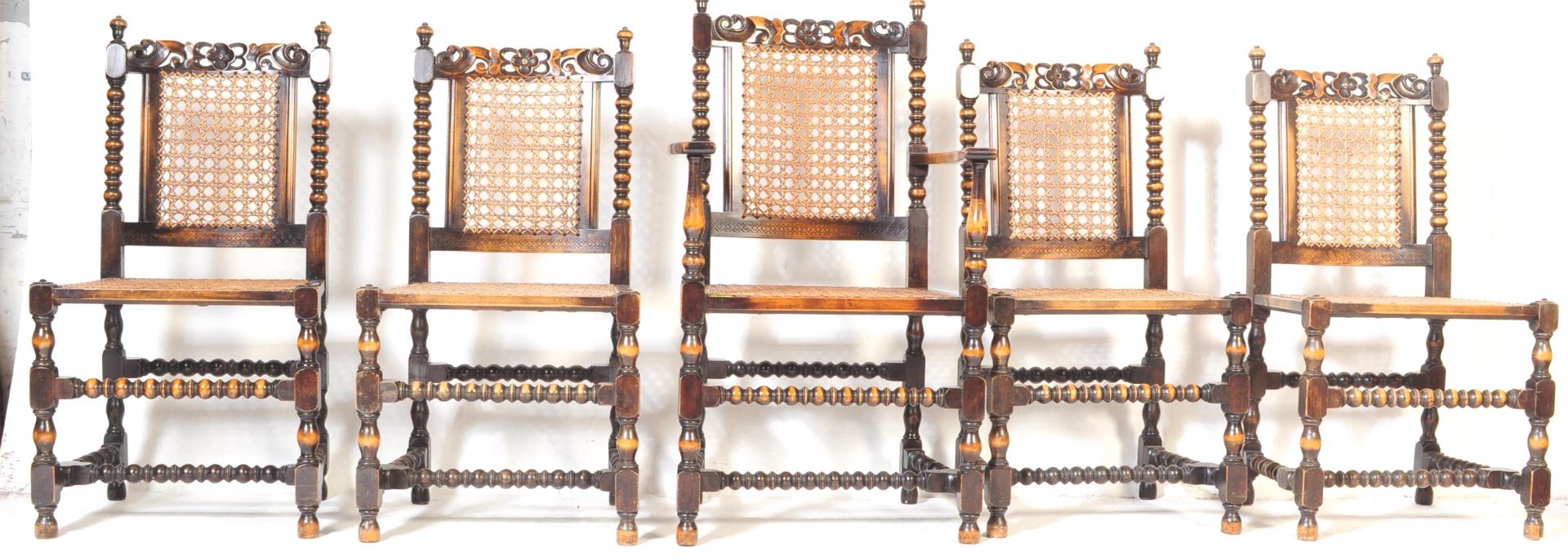 SET OF FIVE VICTORIAN MAHOGANY & RATTAN DINING CHAIRS