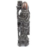 19TH CENTURY CHINESE SILVER INLAID HARDWOOD FIGURE - SHOUXING