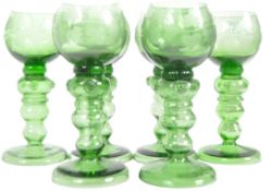 SET OF SIX GREEN GLASS ETCHED DRINKING GOBLETS