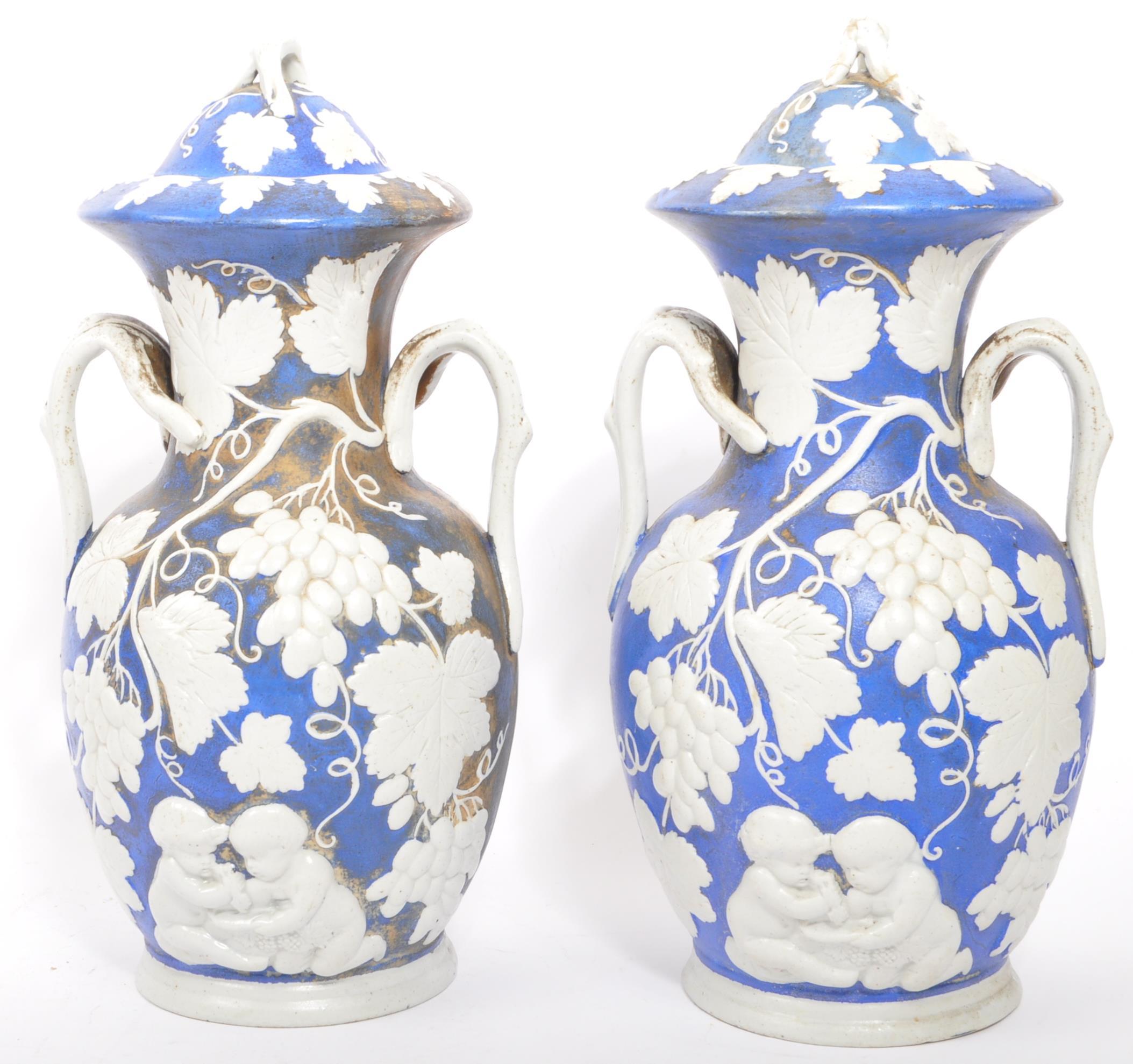 PAIR OF 19TH CENTURY BLUE & WHITE VICTORIAN VASES - Image 3 of 6