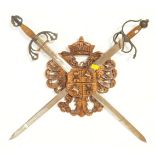 VINTAGE 20TH CENTURY HERALDIC WALL MOUNTED SHIELD & SWORDS