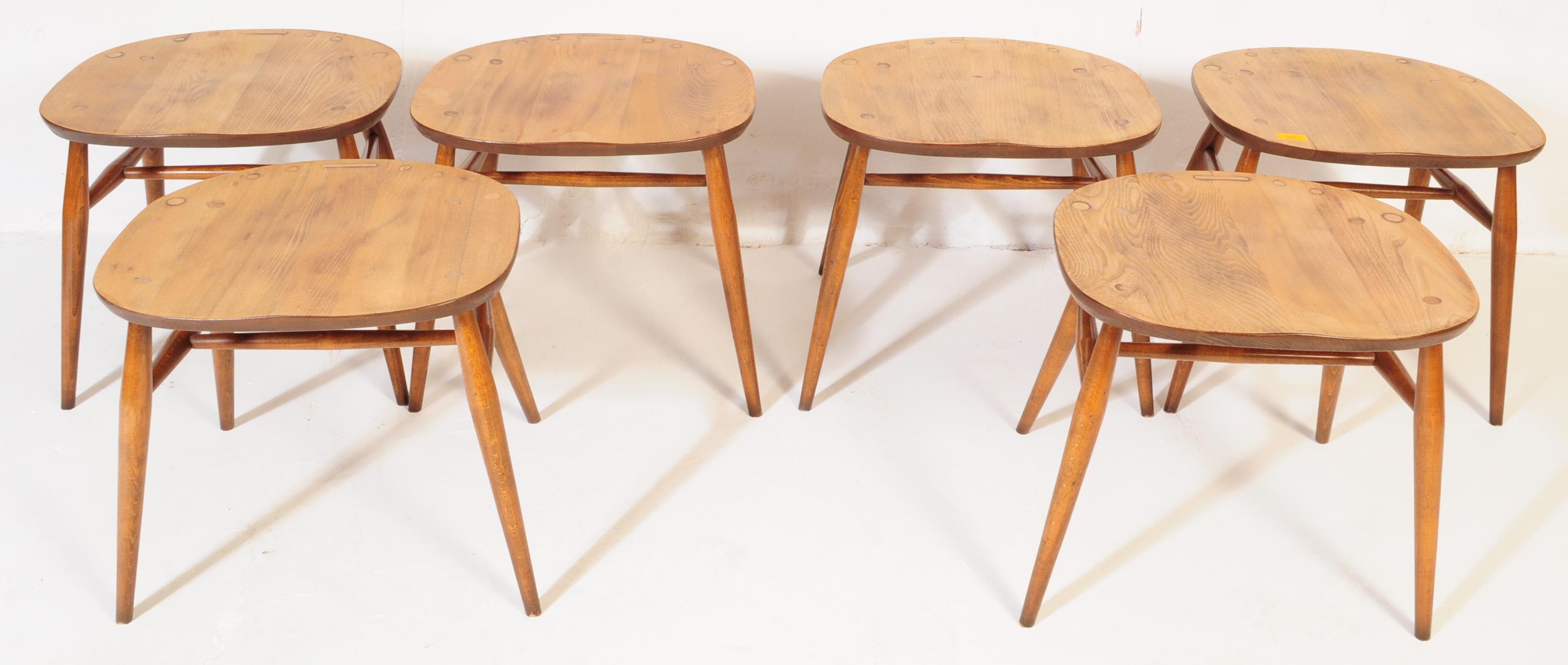 ERCOL - SET OF SIX BEECH AND ELM CONVERTED STOOLS - Image 2 of 5