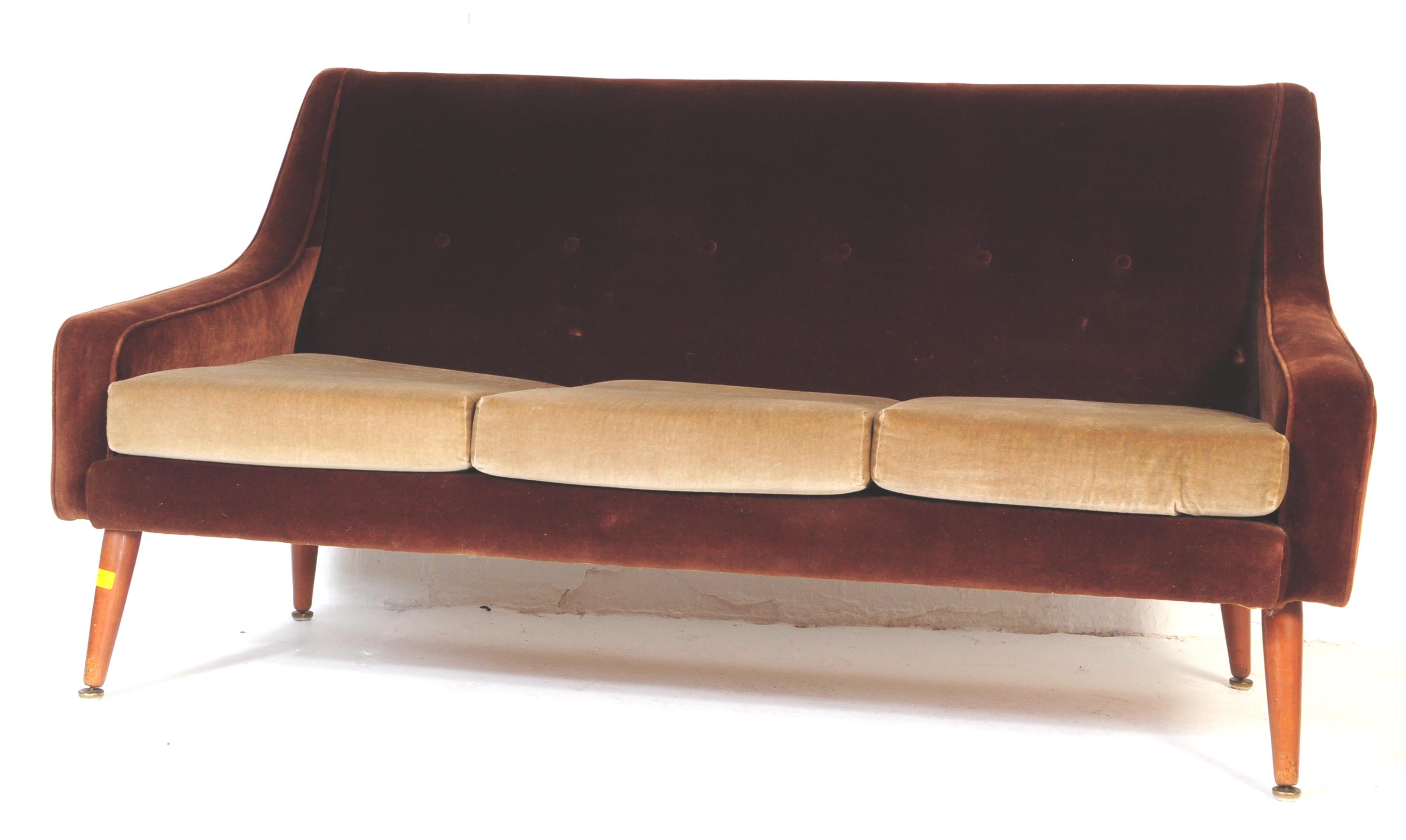 RETRO MID 20TH CENTURY BROWN VELVET THREE SEATER SOFA