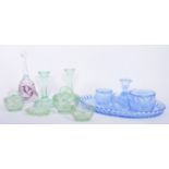 VINTAGE MIDCENTURY COLOURED CUT GLASS DRESSING SET