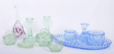 VINTAGE MIDCENTURY COLOURED CUT GLASS DRESSING SET