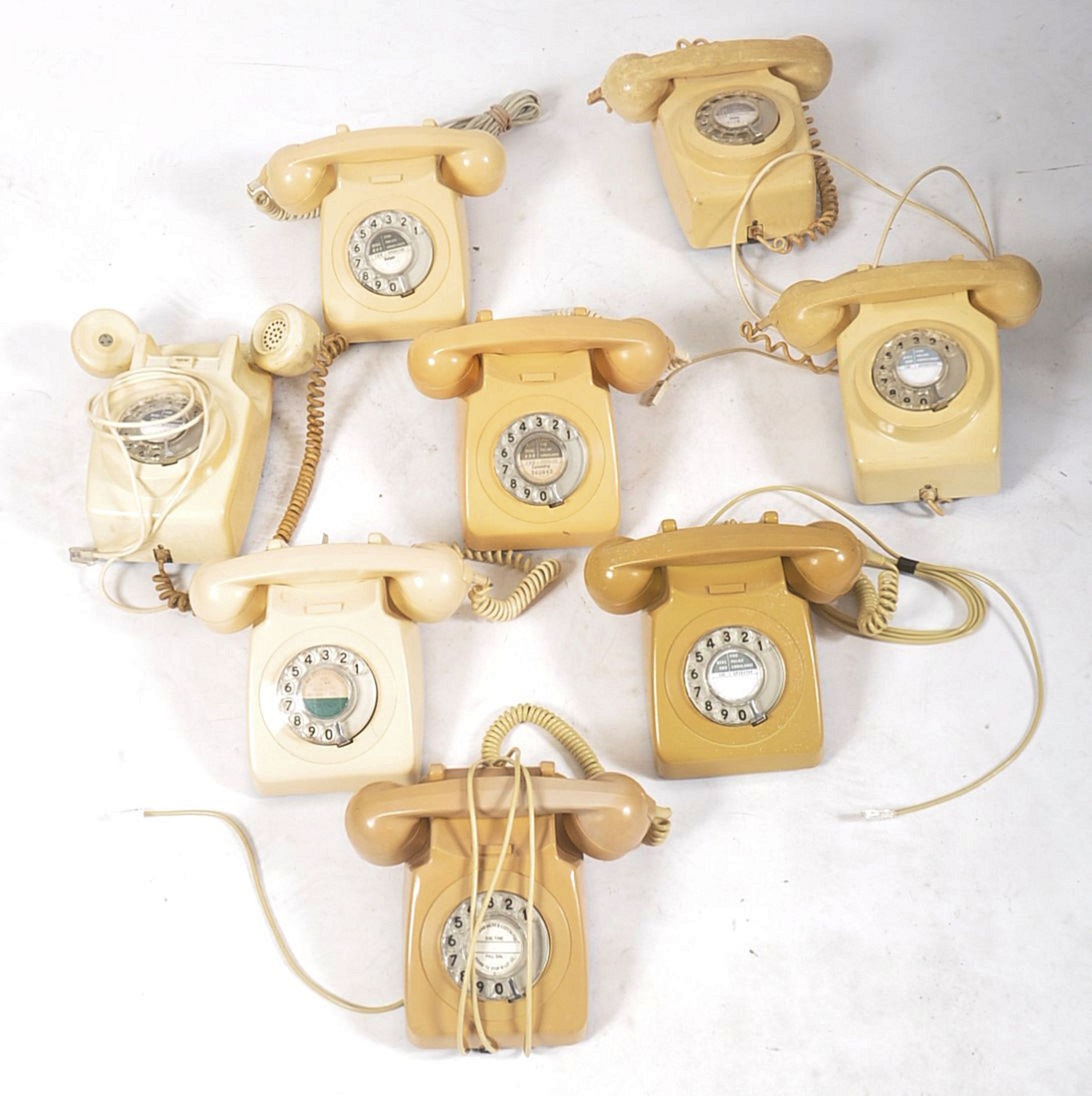 COLLECTION OF EIGHT VINTAGE 1970S ROTARY DIAL GPO TELEPHONES