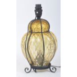 20TH CENTURY CAST IRON & AMBER GLASS TABLE / DESK LAMP