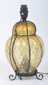 20TH CENTURY CAST IRON & AMBER GLASS TABLE / DESK LAMP