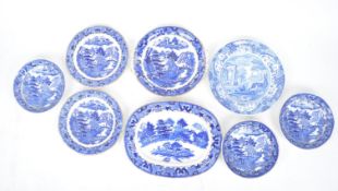 VICTORIAN BLUE AND WHITE WILLOW PATTERN DINNERWARE