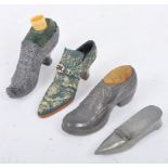 FOUR DECORATIVE MINIATURE SHOES - PIN CUSHIONS & SNUFFBOX