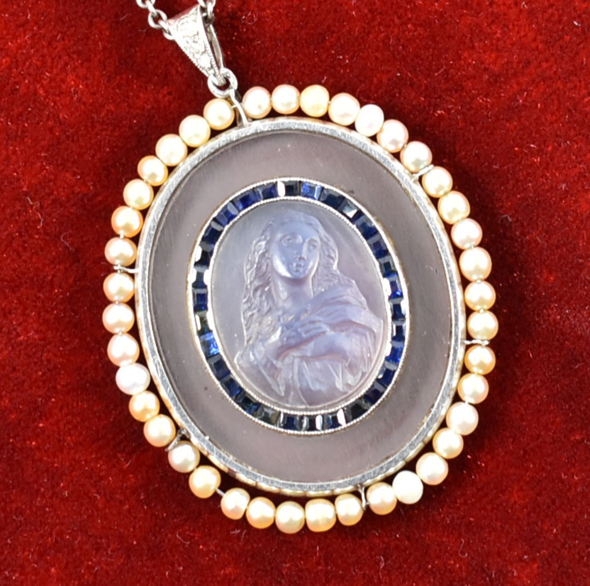 FRENCH 1920S MOONSTONE SAPPHIRE & PEARL PENDANT NECKLACE - Image 16 of 18