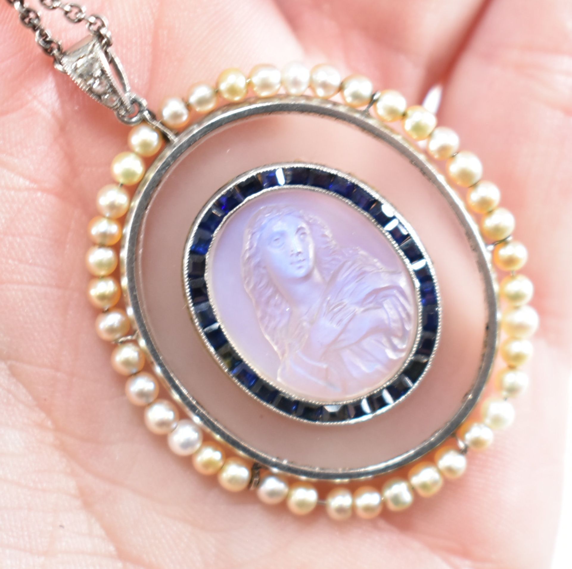 FRENCH 1920S MOONSTONE SAPPHIRE & PEARL PENDANT NECKLACE - Image 11 of 18