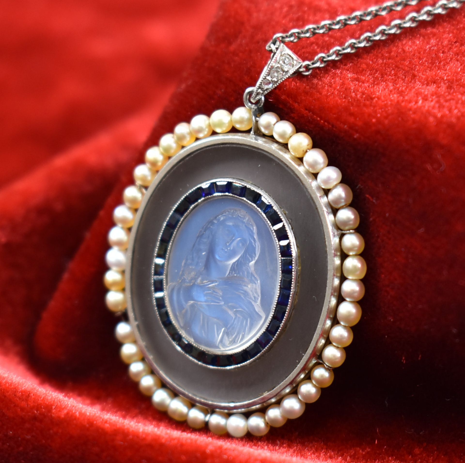 FRENCH 1920S MOONSTONE SAPPHIRE & PEARL PENDANT NECKLACE - Image 18 of 18