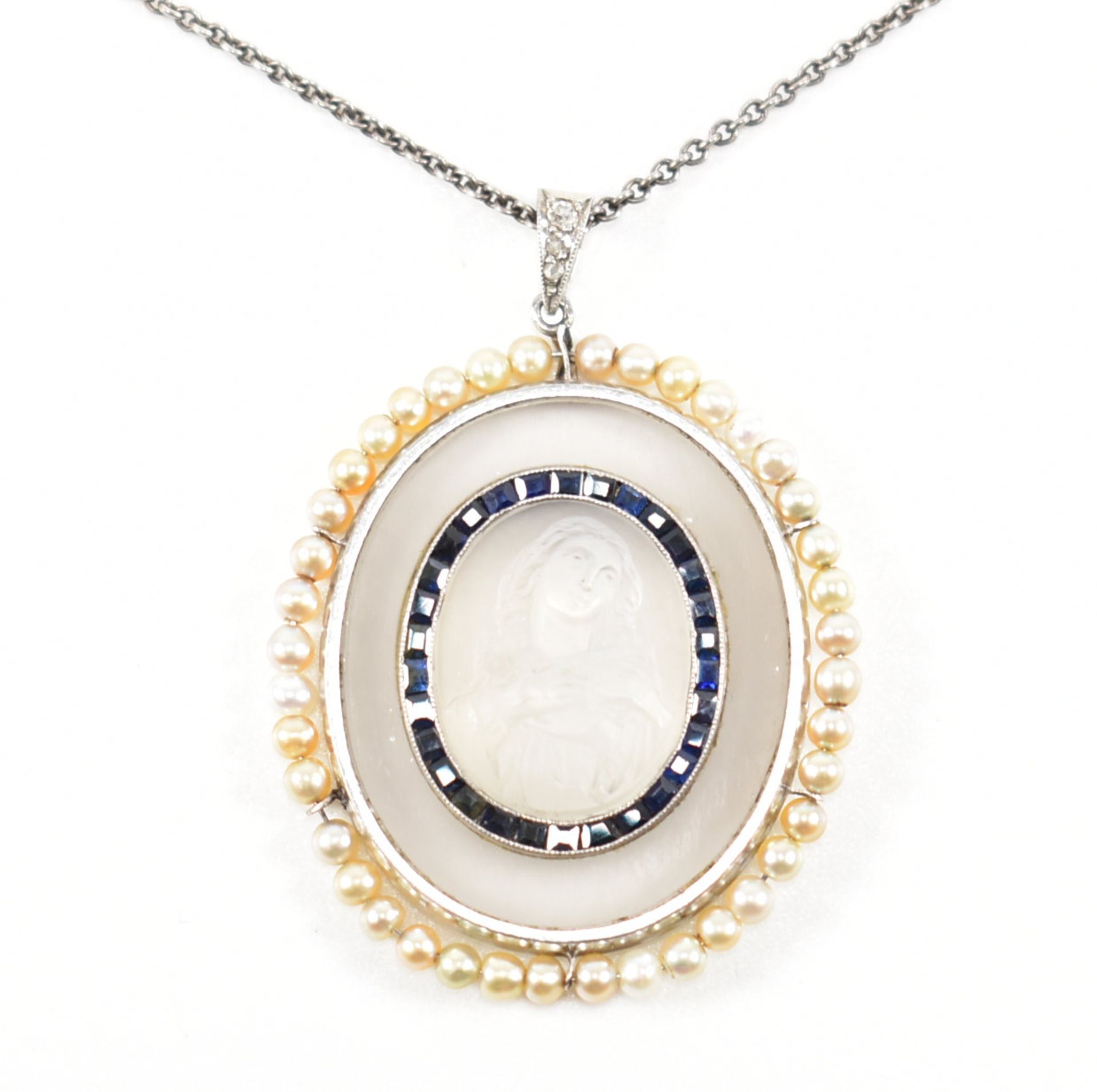 FRENCH 1920S MOONSTONE SAPPHIRE & PEARL PENDANT NECKLACE - Image 2 of 18