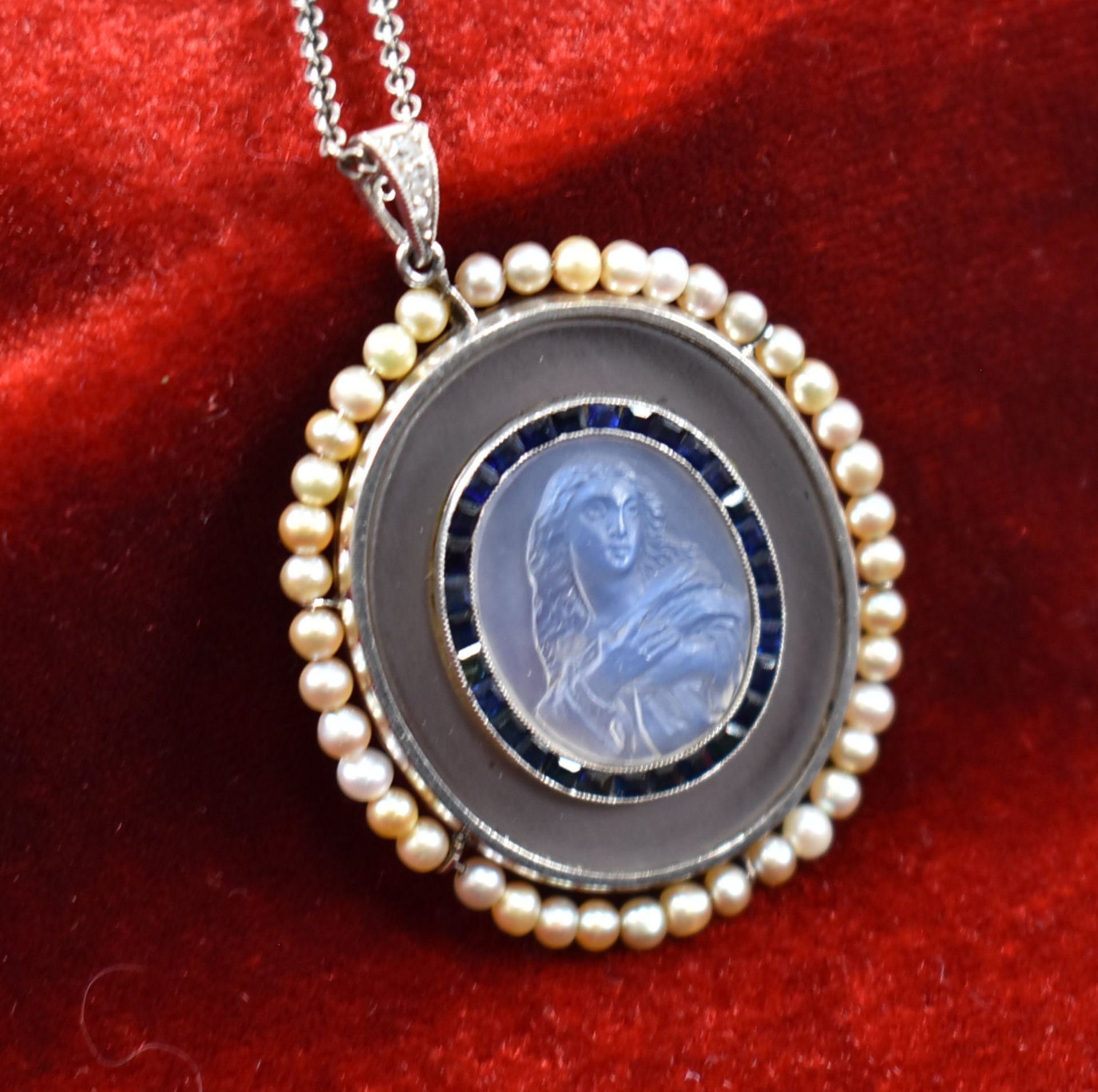 FRENCH 1920S MOONSTONE SAPPHIRE & PEARL PENDANT NECKLACE - Image 17 of 18