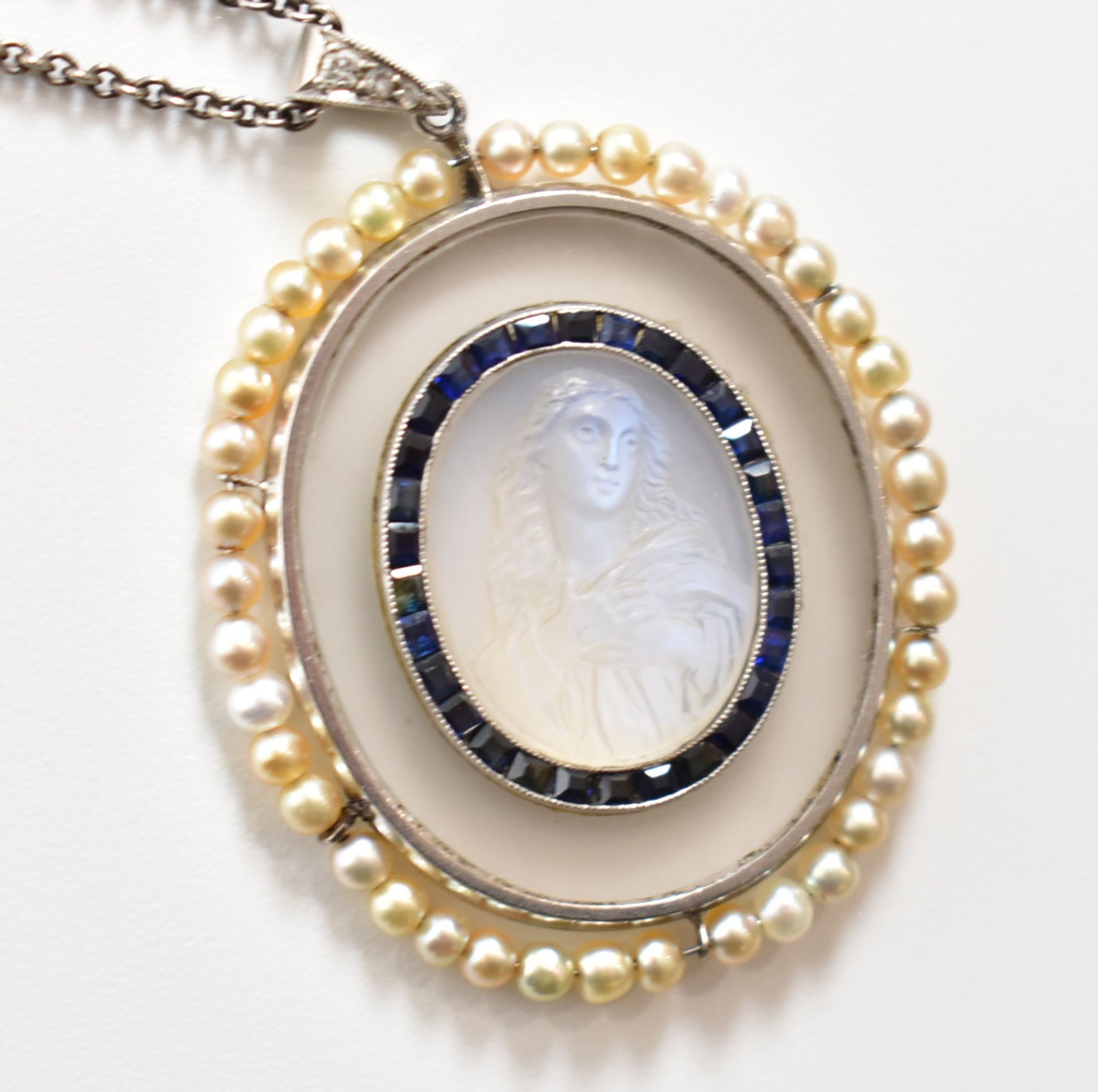 FRENCH 1920S MOONSTONE SAPPHIRE & PEARL PENDANT NECKLACE - Image 7 of 18