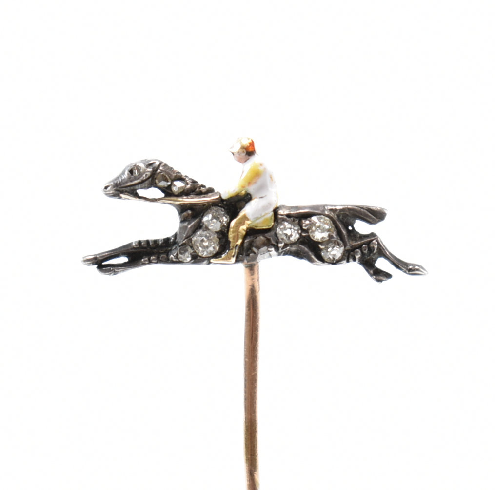 GOLD ENAMEL & DIAMOND HORSE RACING INTEREST STICK PIN - Image 2 of 14