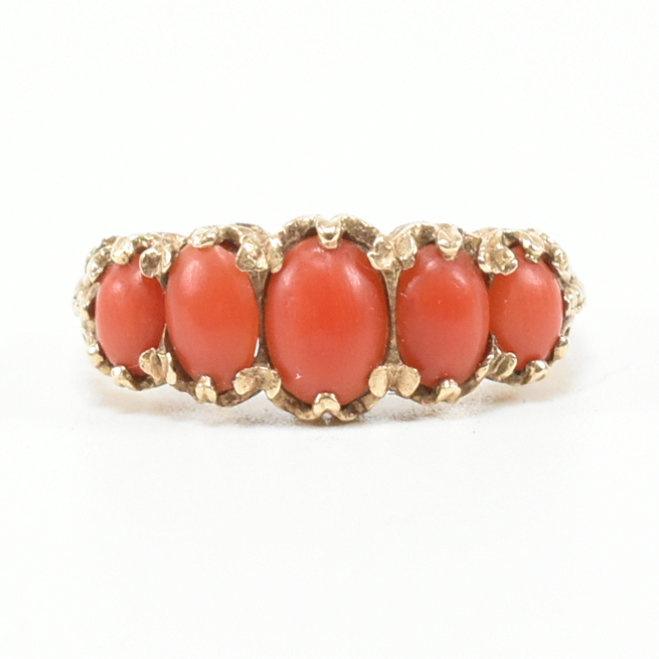 HALLMARKED 9CT GOLD & CORAL FIVE STONE RING