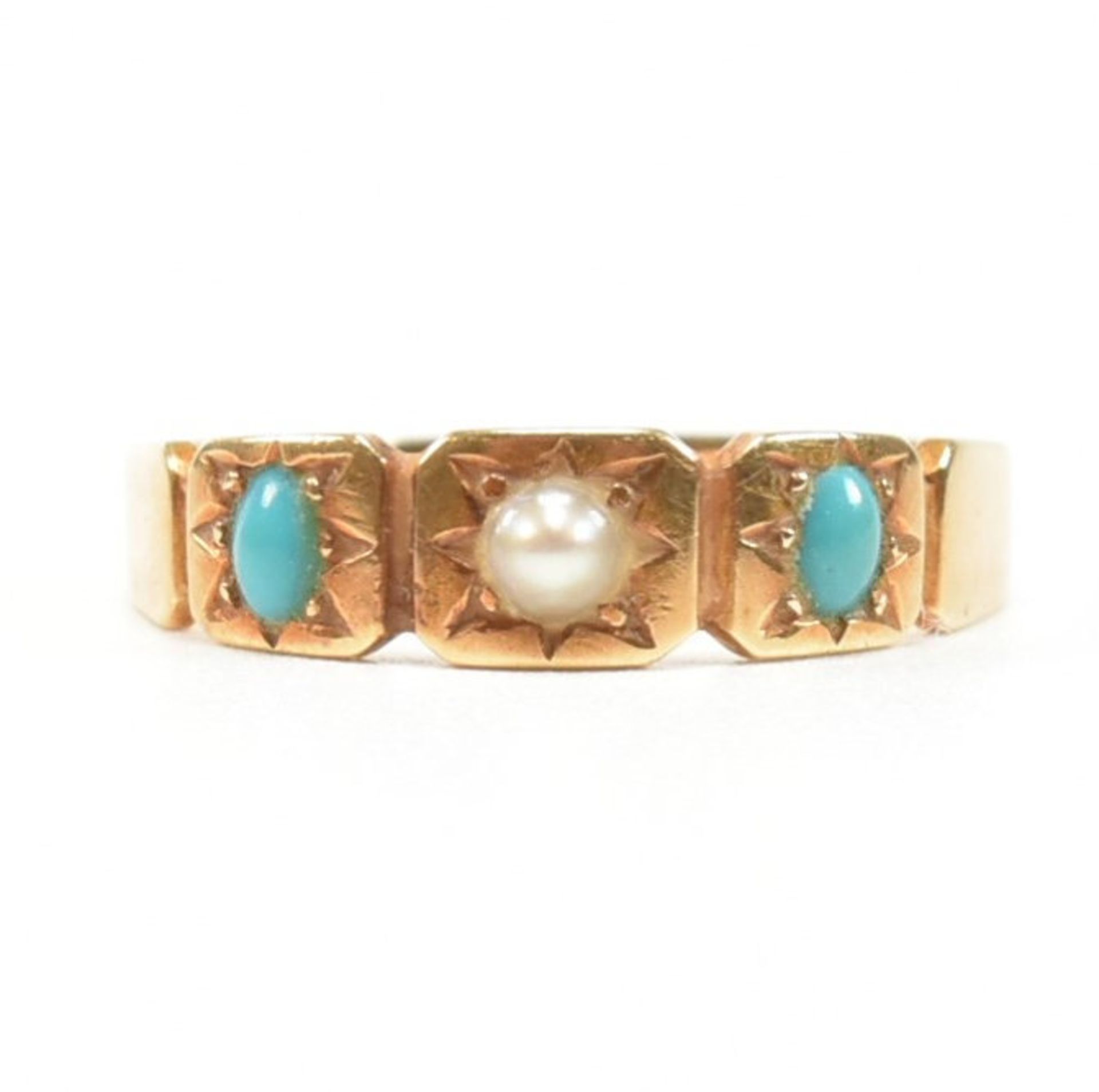 ANTIQUE 18CT GOLD TURQUOISE & PEARL RING - Image 2 of 12