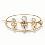 ANTIQUE 15CT GOLD AQUAMARINE & SEED PEARL BROOCH PIN