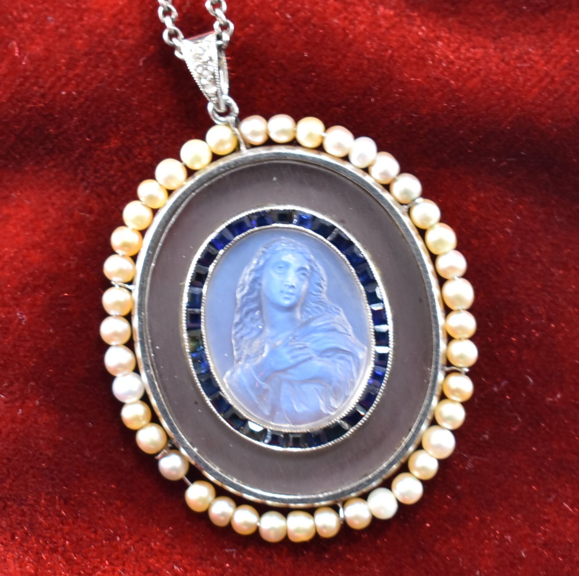 FRENCH 1920S MOONSTONE SAPPHIRE & PEARL PENDANT NECKLACE - Image 14 of 18