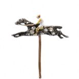 GOLD ENAMEL & DIAMOND HORSE RACING INTEREST STICK PIN