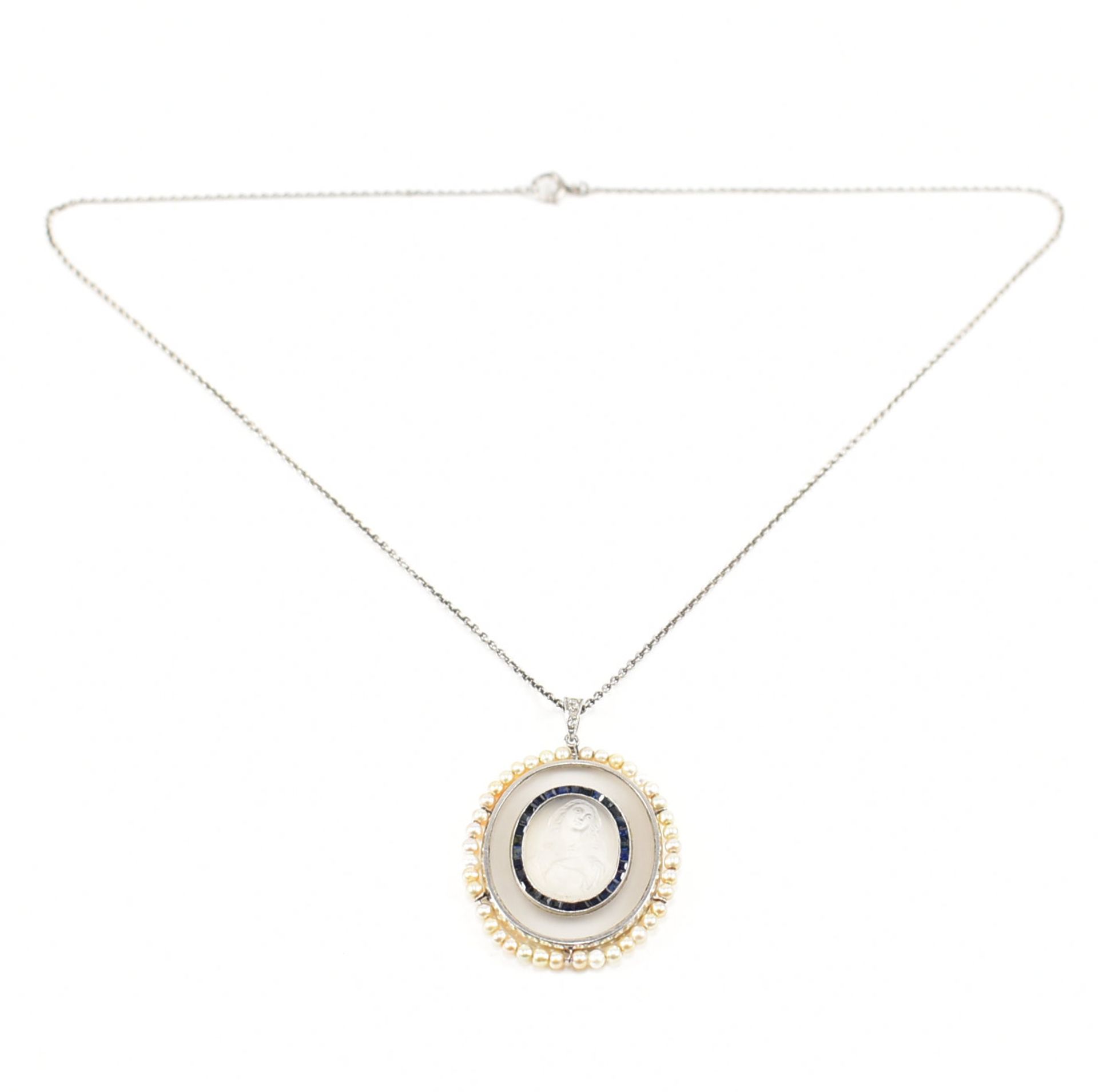 FRENCH 1920S MOONSTONE SAPPHIRE & PEARL PENDANT NECKLACE - Image 8 of 18