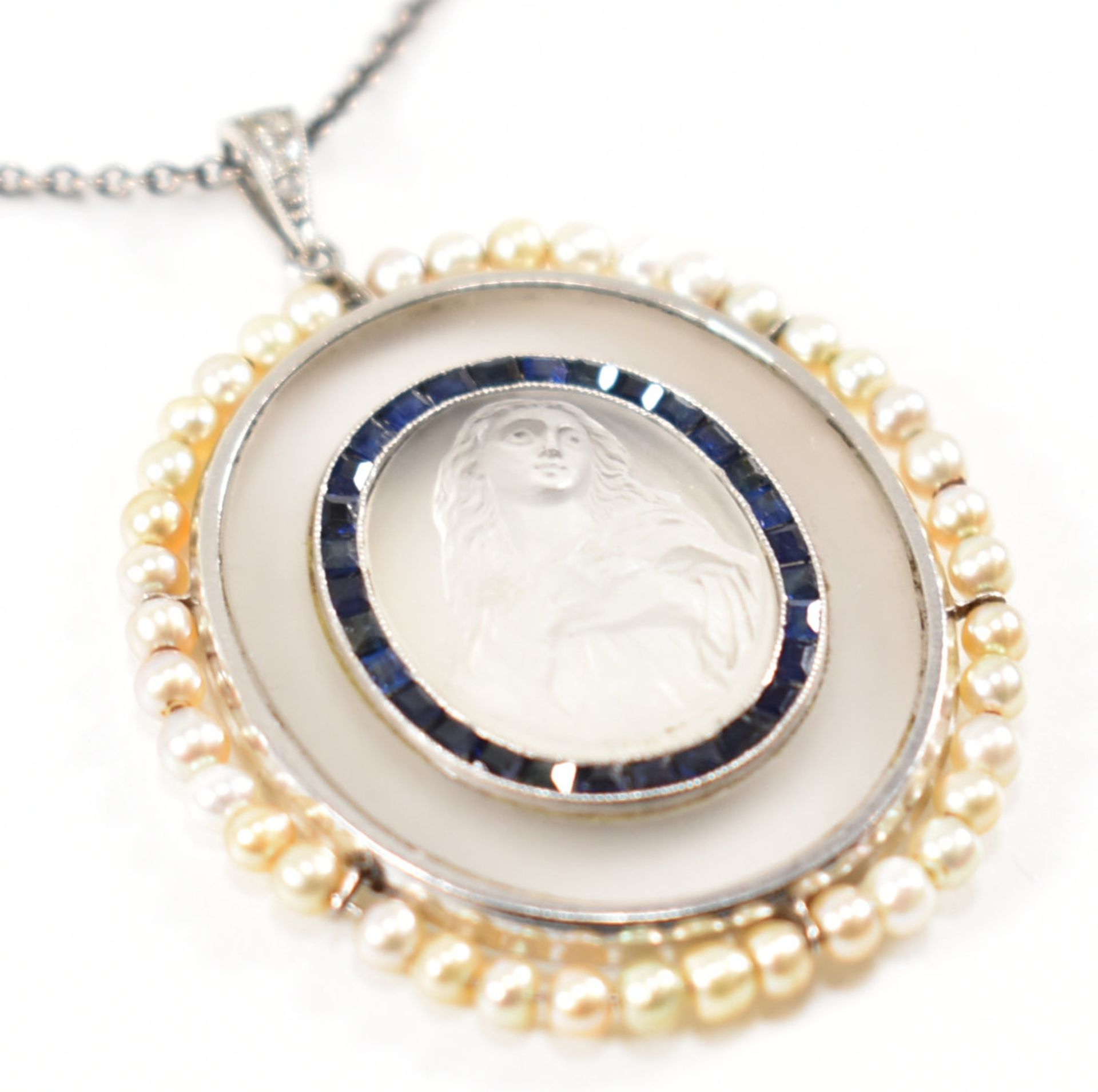 FRENCH 1920S MOONSTONE SAPPHIRE & PEARL PENDANT NECKLACE - Image 4 of 18