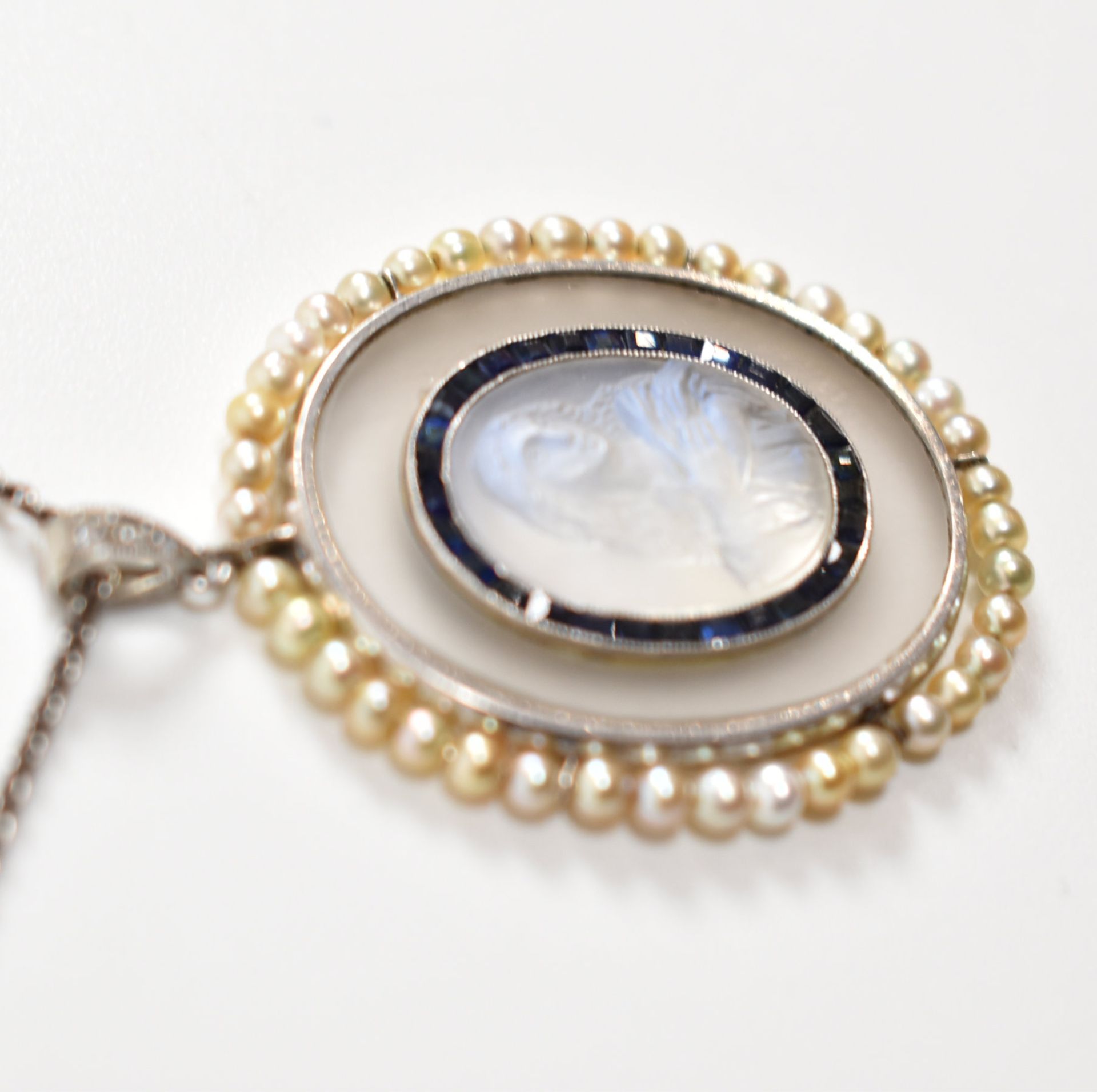 FRENCH 1920S MOONSTONE SAPPHIRE & PEARL PENDANT NECKLACE - Image 5 of 18