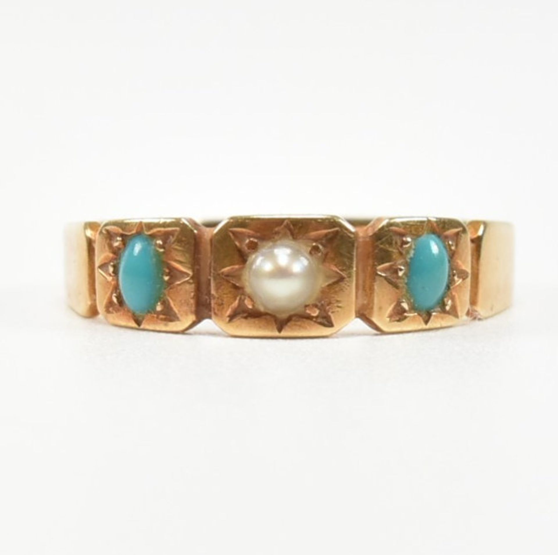 ANTIQUE 18CT GOLD TURQUOISE & PEARL RING - Image 3 of 12