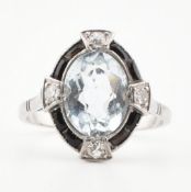 AQUAMARINE ONYX & DIAMOND PLATINUM RING