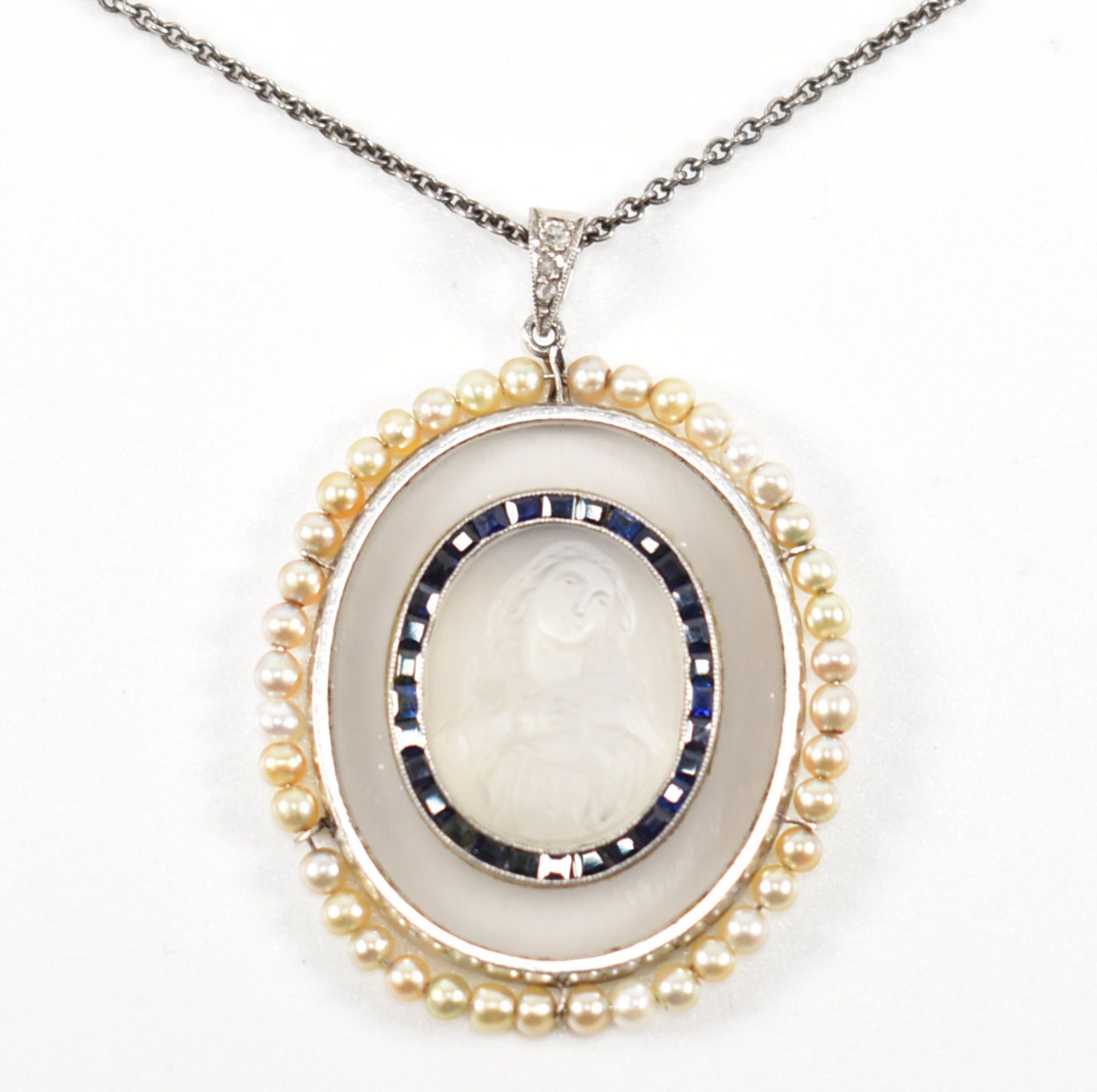 FRENCH 1920S MOONSTONE SAPPHIRE & PEARL PENDANT NECKLACE - Image 3 of 18