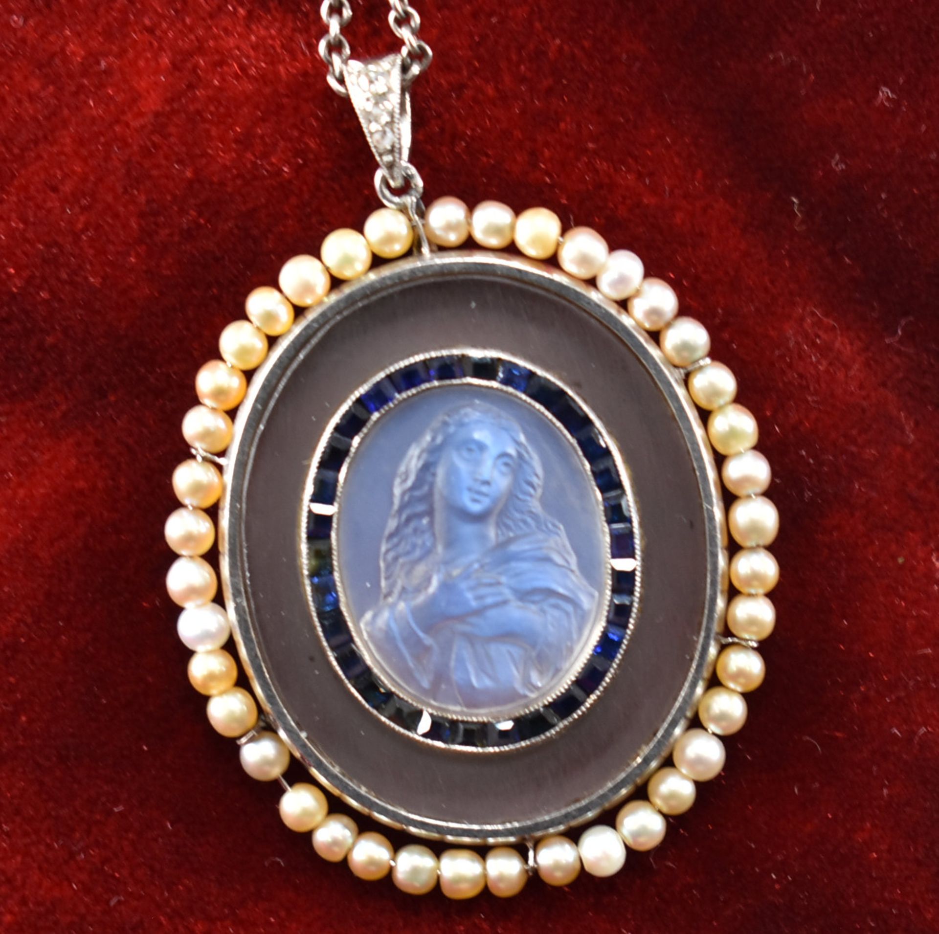 FRENCH 1920S MOONSTONE SAPPHIRE & PEARL PENDANT NECKLACE - Image 15 of 18