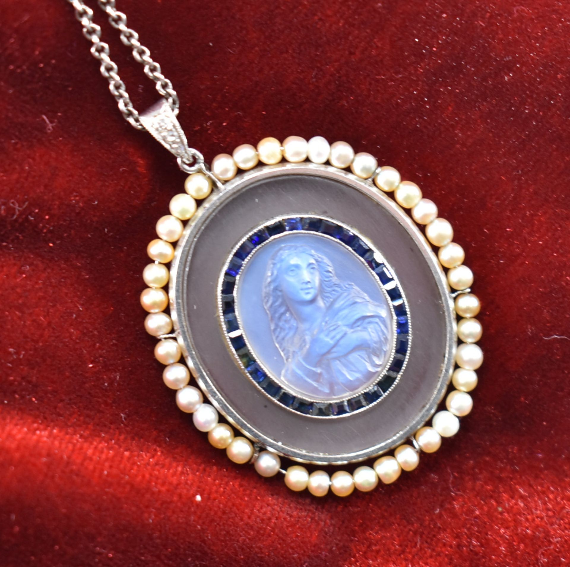 FRENCH 1920S MOONSTONE SAPPHIRE & PEARL PENDANT NECKLACE - Image 13 of 18