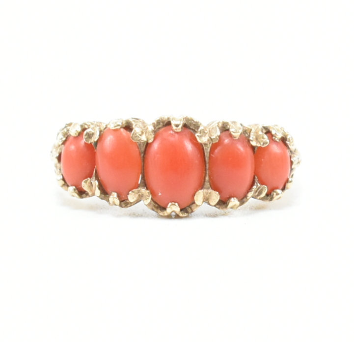 HALLMARKED 9CT GOLD & CORAL FIVE STONE RING - Image 11 of 11