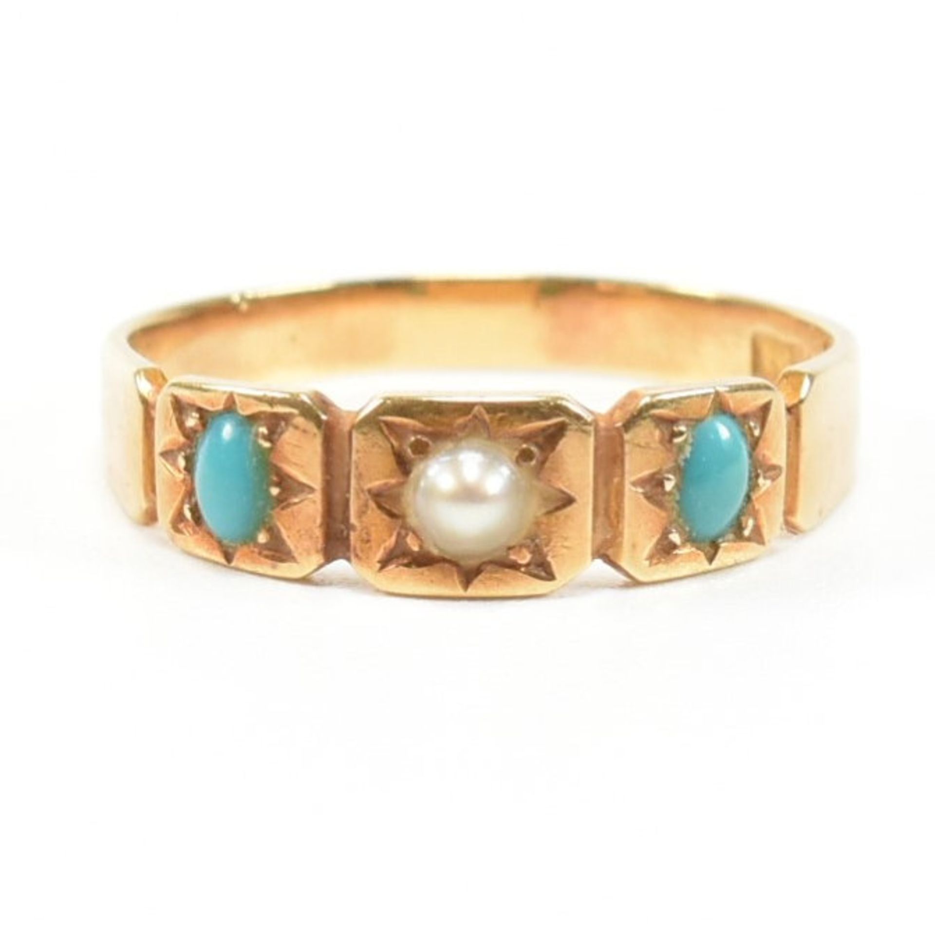 ANTIQUE 18CT GOLD TURQUOISE & PEARL RING - Image 4 of 12