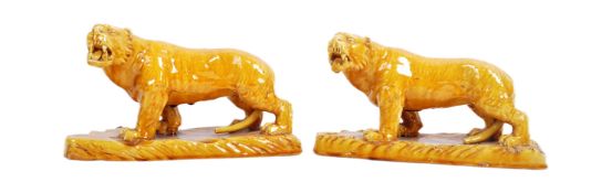 PAIR OF 19TH CENTURY VICTORIAN GLAZED CERAMIC PROWLING TIGERS