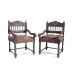 PAIR 17TH CENTURY DUTCH EAST-INDIES PADAUK CARVED CHAIRS