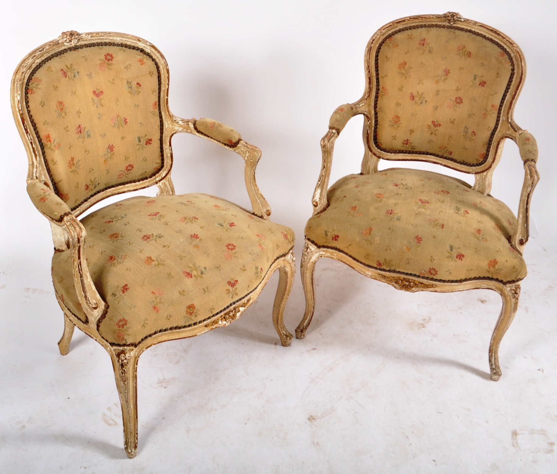 PAIR 19TH CENTURY FRENCH PAINTED WALNUT FAUTEUILS - CHAIRS - Image 2 of 6