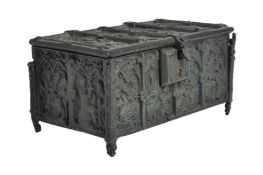 SMALL NINETEENTH CENTURY BRONZE CASKET WITH GOTHIC INLAY