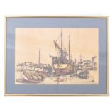 F. POGGIO - 20TH CENTURY INK & WATERCOLOUR HARBOUR SCENE