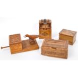 FOUR CARVED & INLAID BOXES & CIGARETTE DISPENSERS
