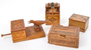 FOUR CARVED & INLAID BOXES & CIGARETTE DISPENSERS