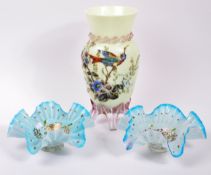 TRIO OF EARLY 20TH CENTURY HAND PAINTED GLASS DISHES AND VASE