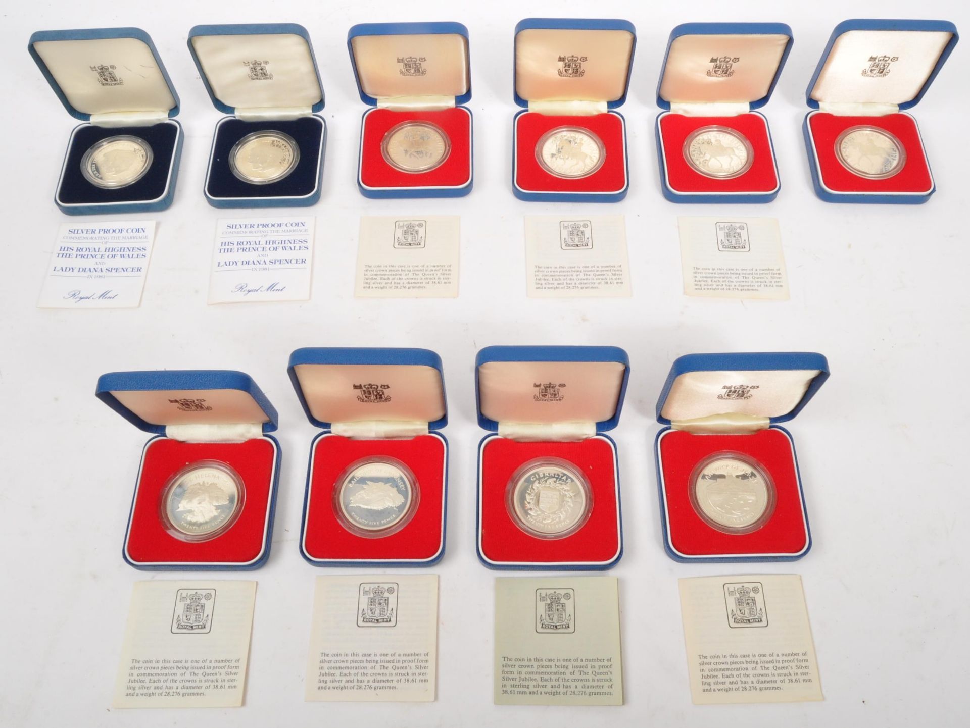 A COLLECTION OF TEN 1977 ROYAL MINT SILVER PROOF COINS UK